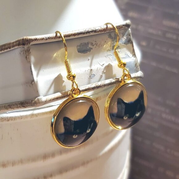 Black Cat Head Yellow Eyes Moon Gold Plated Glass Cabochon Kitty Kitten Earrings - Picture 3 of 5